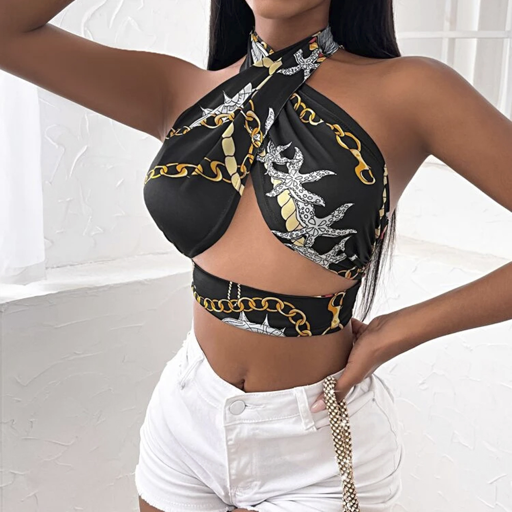 Chain Print Wrap Halter Top F