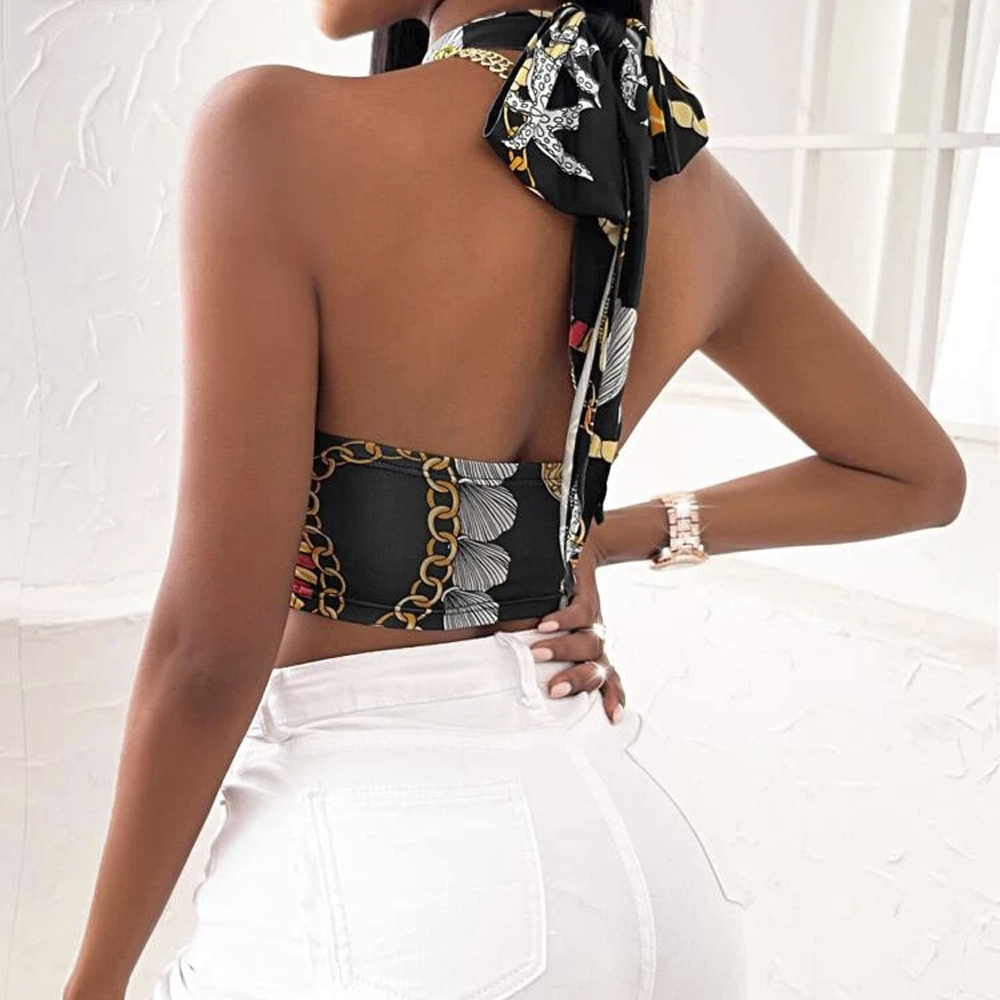 Chain Print Wrap Halter Top bck