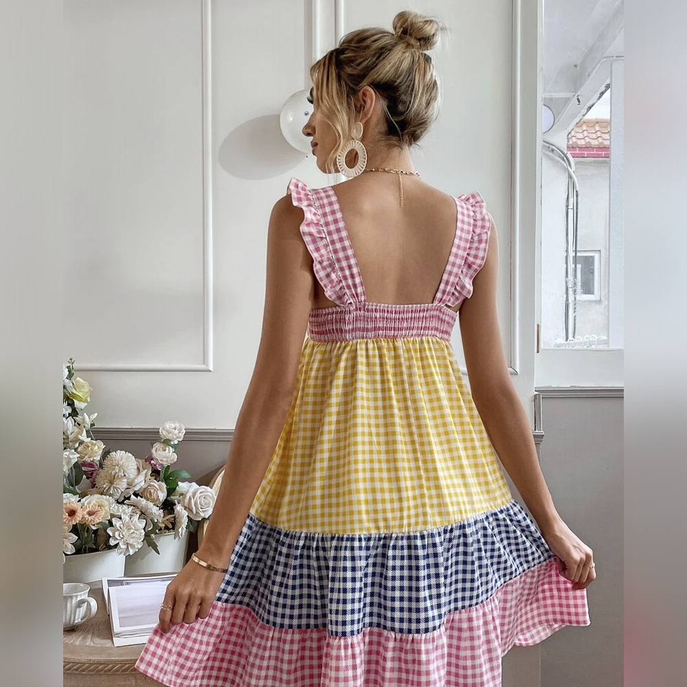 Colorblock Gingham Print Frill Ruffle Hem Dress bck