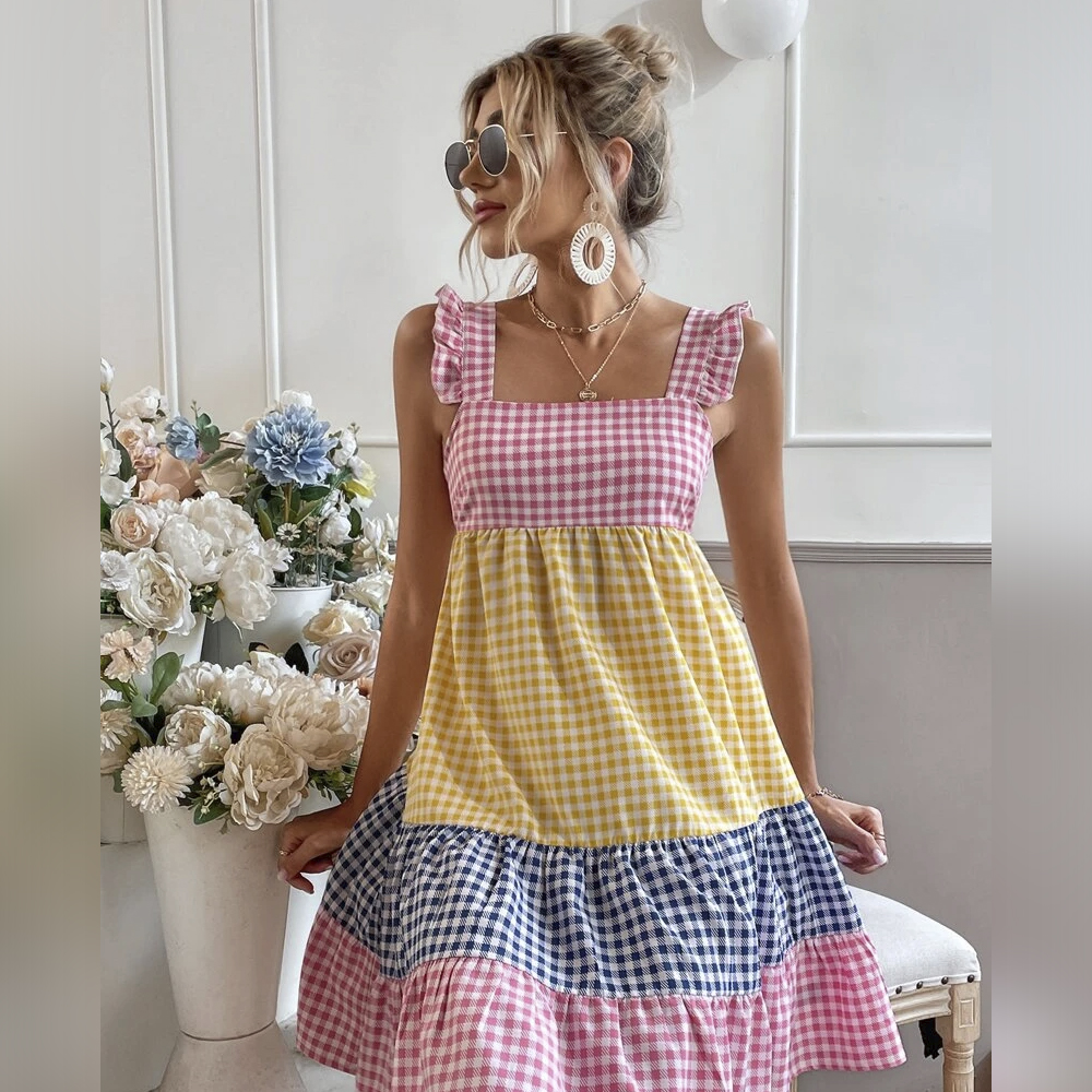 Colorblock Gingham Print Frill Ruffle Hem Dress