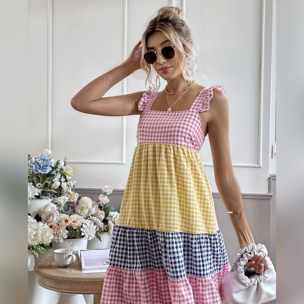 Colorblock Gingham Print Frill Ruffle Hem Dressff