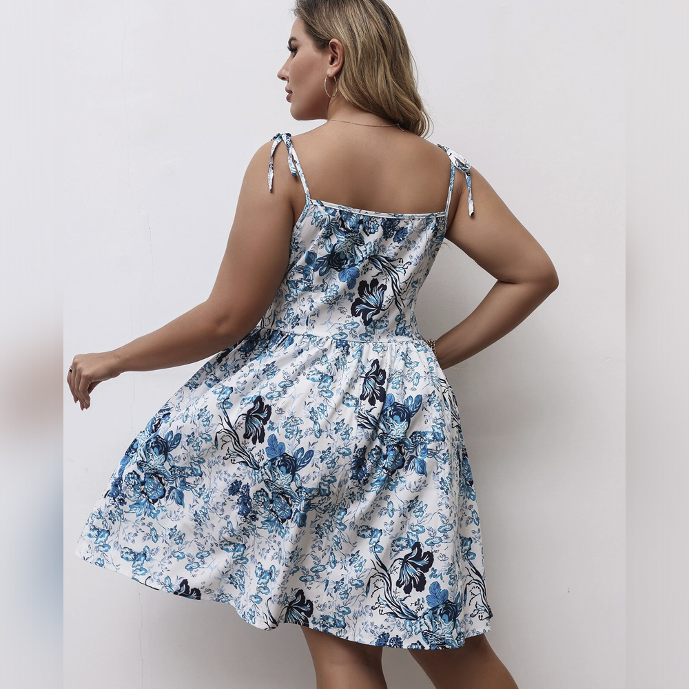 Plus Floral Tie Shoulder Dress Without Belt bck