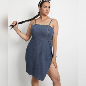 Plus Zip Back Asymmetrical Hem Cami Denim Dress